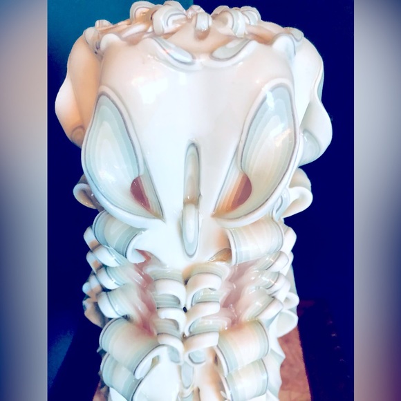 Handmade Carved Candle White with shades of green & shell, pink 12.5" h x 5.5"w - Picture 8 of 14